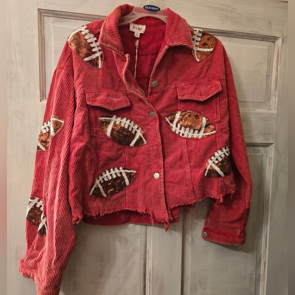 BiBi Red Corduroy Varsity Jacket with Sequin Football Patches Sz SMALL
